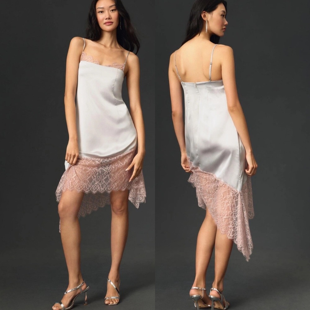 Anthropologie Y2K Silky Cami Lace Trim Midi Slip Dress Size 8 Grey Pink NEW‎ NWT